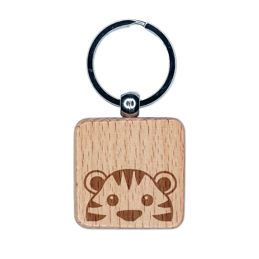 Peeking Tiger Engraved Wood Square Keychain Tag Charm