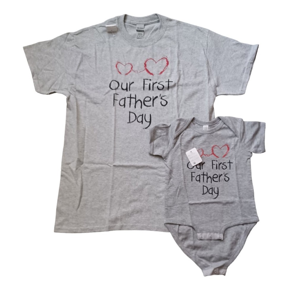 Fathers Day Mens T Shirt Medium Gray Matching Set Tee Our First Baby Bodysuit-image