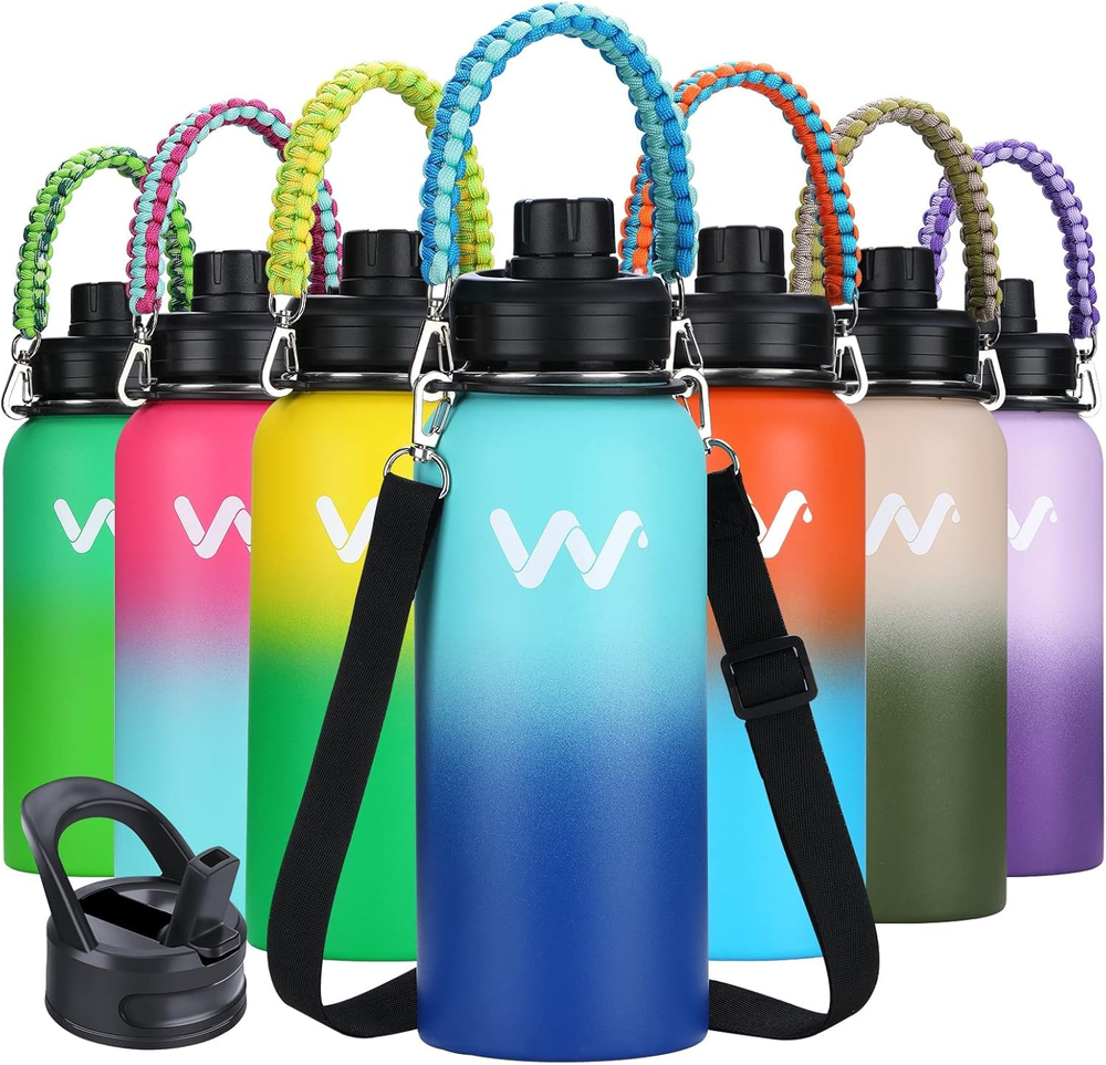 Insulated Water Bottle with Paracord Handles & Strap & Straw Lid & Spout Lid,Reu