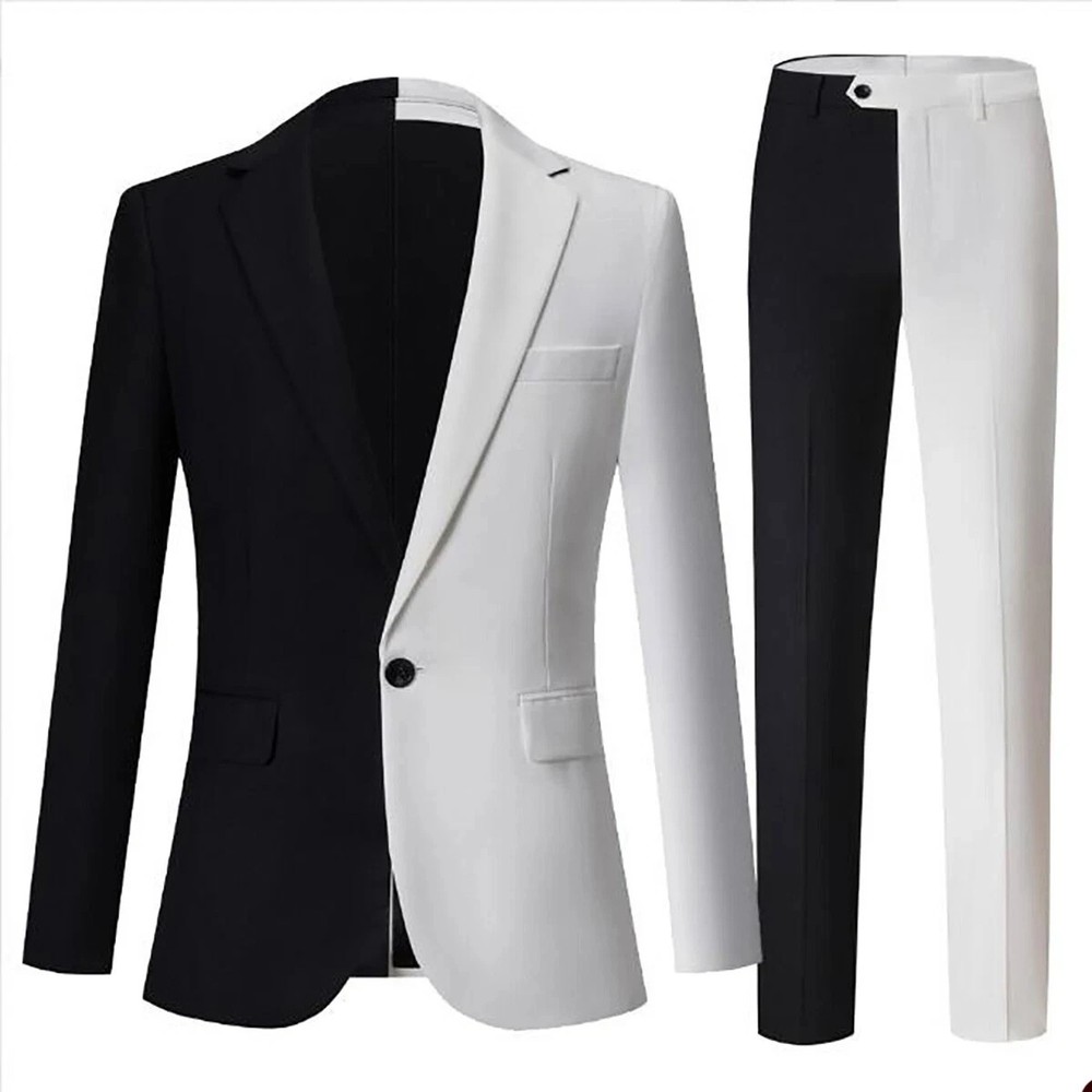 Men's Black & White Spliced Notch Lapel Suit with Trousers