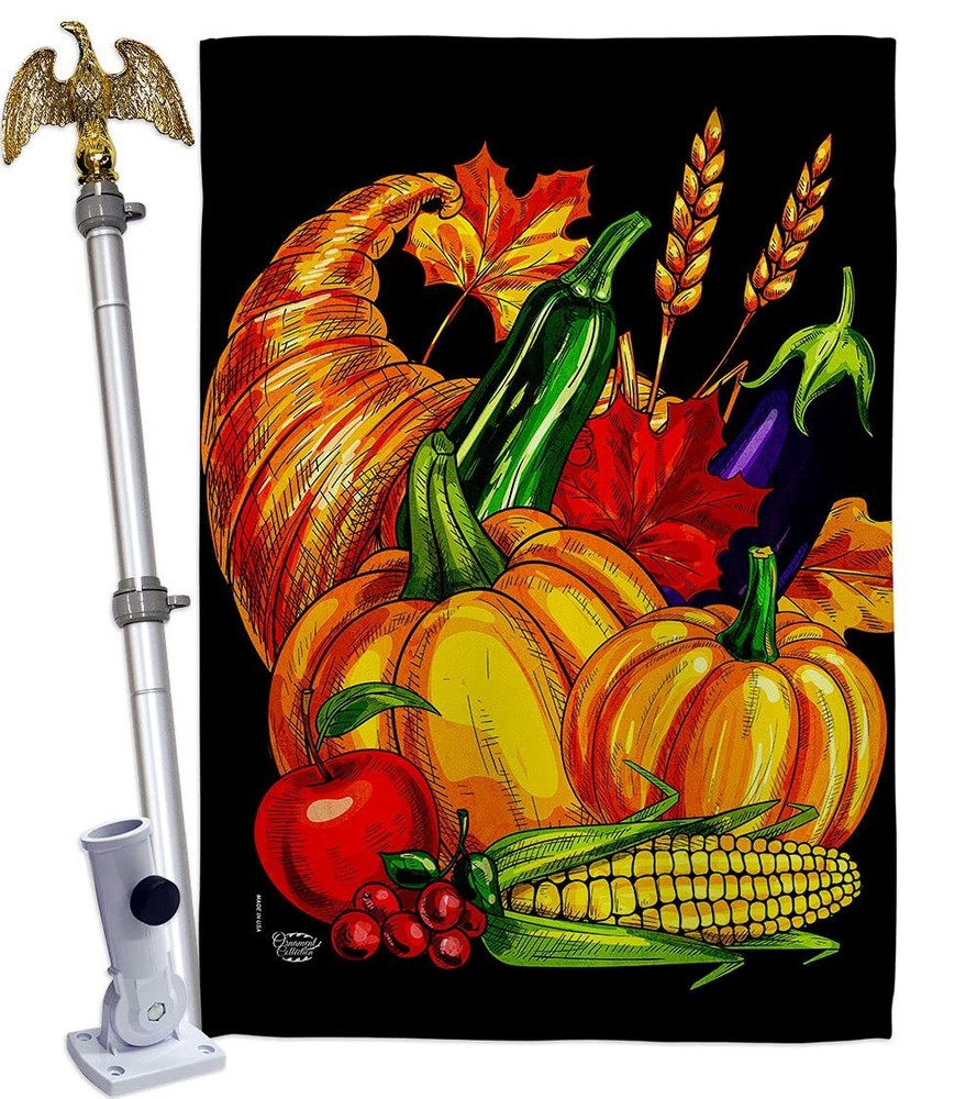 Grateful Fall Cornucopia House Flag Set with Eagle and Turkey for Thanksgiving