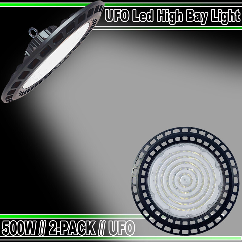 2-Pack 500W High Bay LED UFO Lights for Factory Warehouse Commercial Use