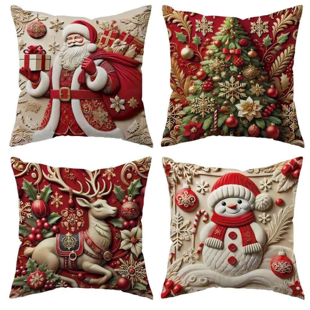 4pcs Christmas Cushion Covers Santa Reindeer Snowman Tree Prints Zippered Durabl