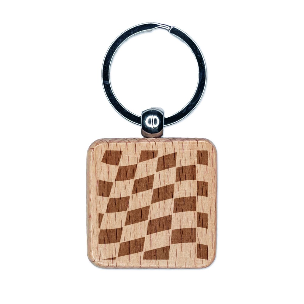 Waving Racing Checkered Flag Pattern Engraved Wood Square Keychain Tag Charm