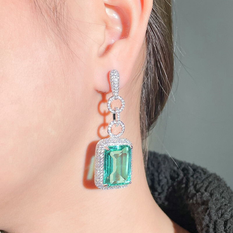 Women Silver Plated Big Blue Cubic Zirconia Long Drop Earrings for Wedding Party