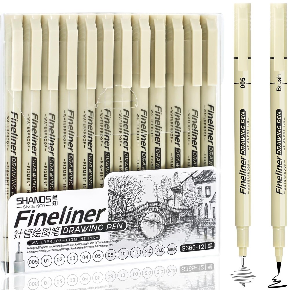 Micro Fineliner Black Drawing Pens,12 Waterproof Watercolor Dark