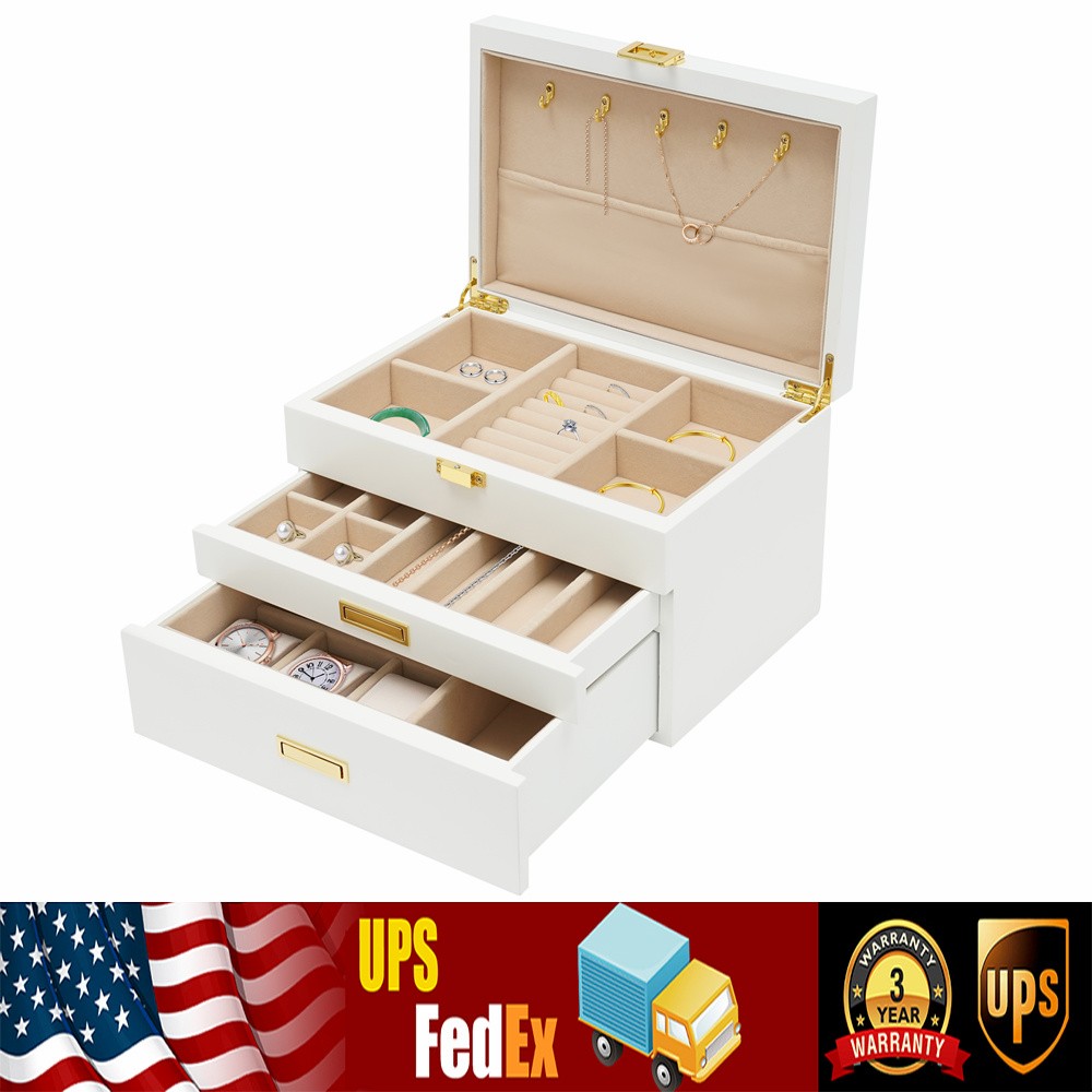 Large 28cm White Wooden Jewelry Box with 3 Layers and 2 Drawers