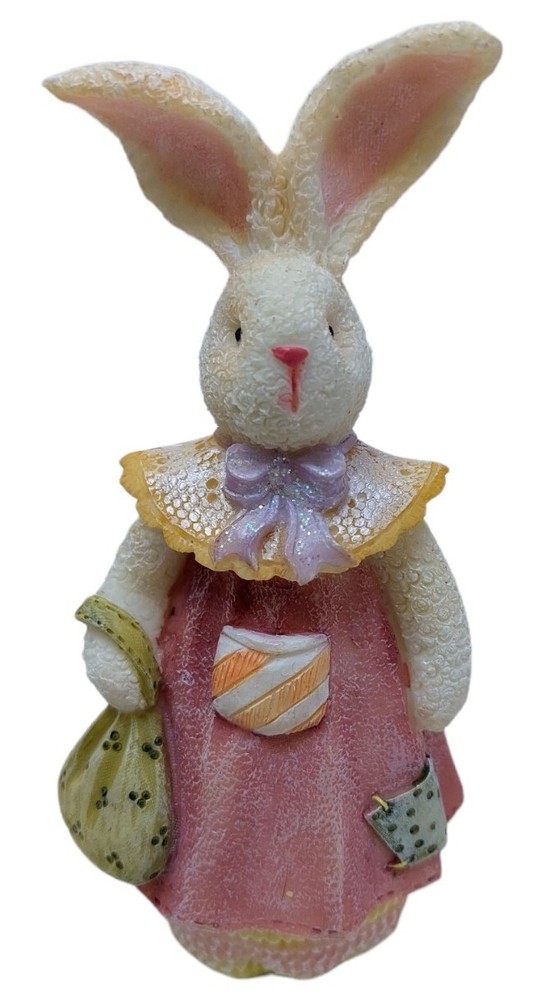 Ganz Resin White Rabbit Bunny in pink dress holding bad 4 1/2