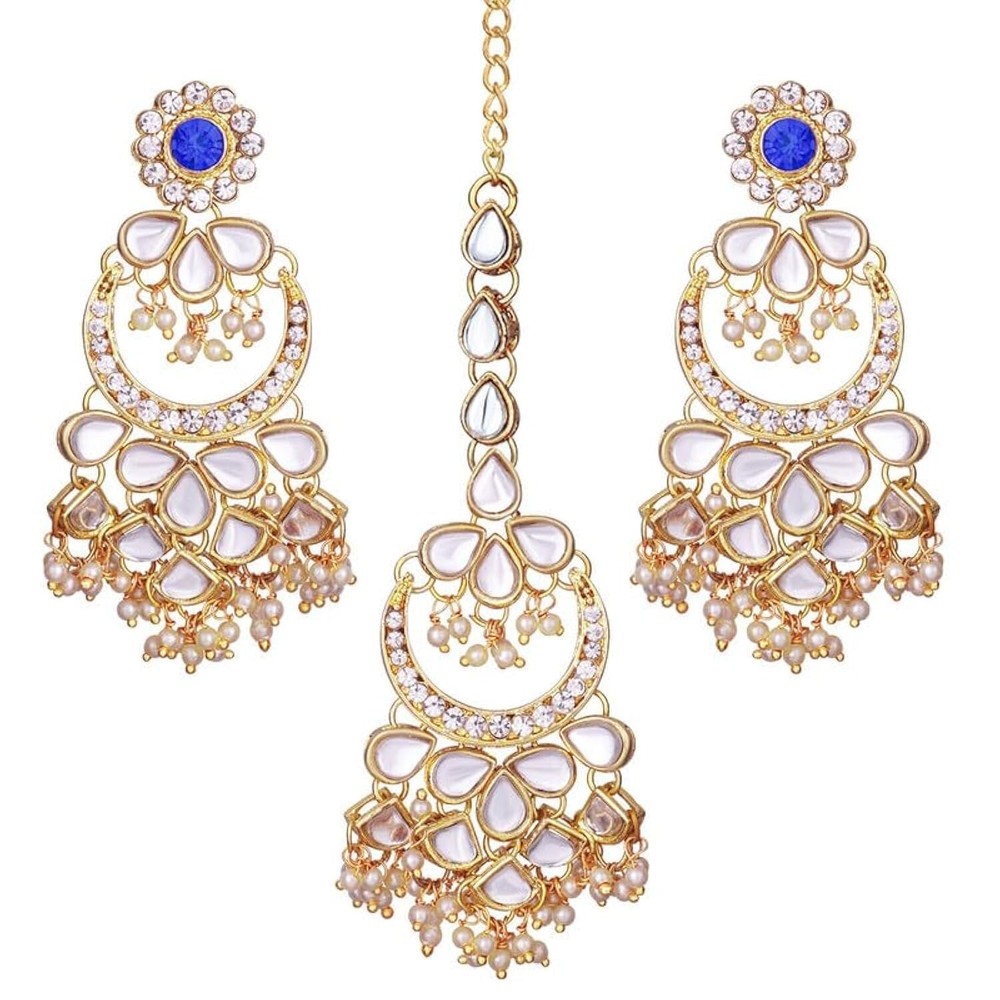 Aheli Kundan Pearl Chandbali Earrings with Maang Tikka Indian Traditional Bol...