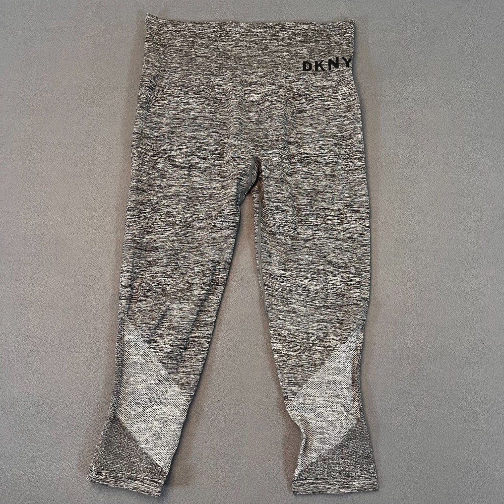 DKNY Womens Sport Leggings Size XL Spellout Colorblock Heather Gray Black Ankle