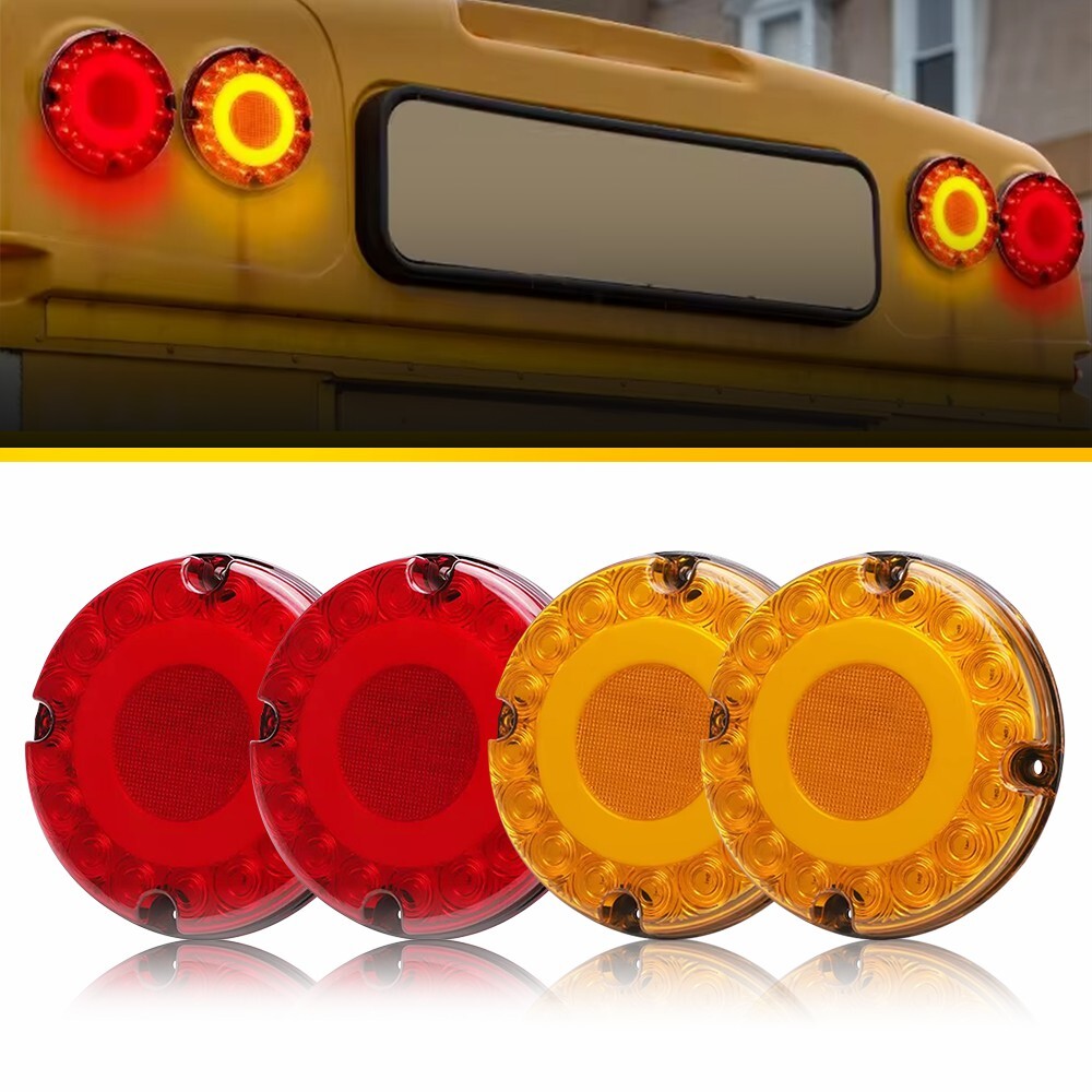 LED 7in Round Red+Amber Tail Light Brake DRL Turn Signal Bus Truck Trailer M