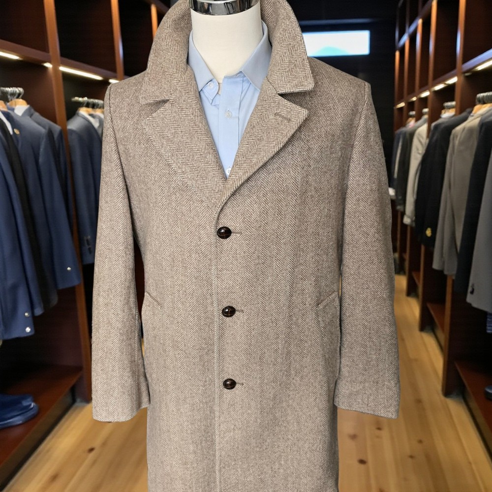 Vintage 1970s Brown Herringbone Overcoat 44r Midlength Wool Blend