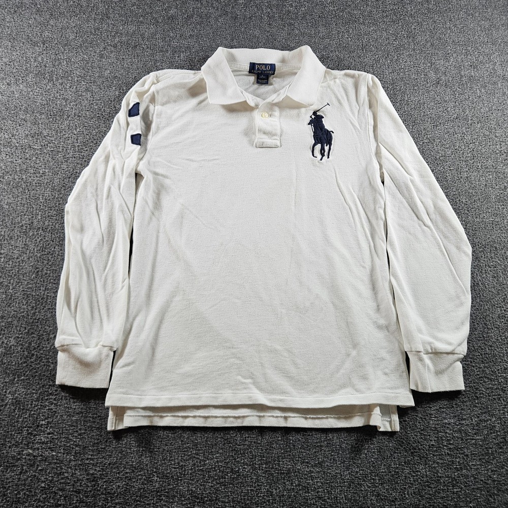 Polo Ralph Lauren Polo Shirt Boys 14-16 White Long Sleeve Big Pony 3 Logo Pique