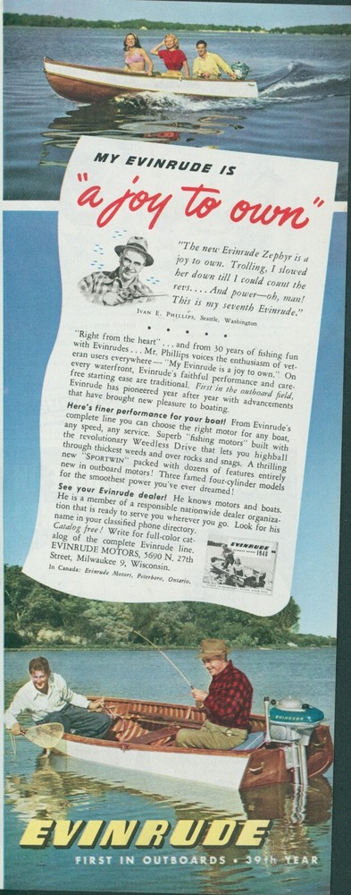 1948 Evinrude Zephyr Motor Boat Fishing Pole Net Joy To Own  Vtg Print Ad C17