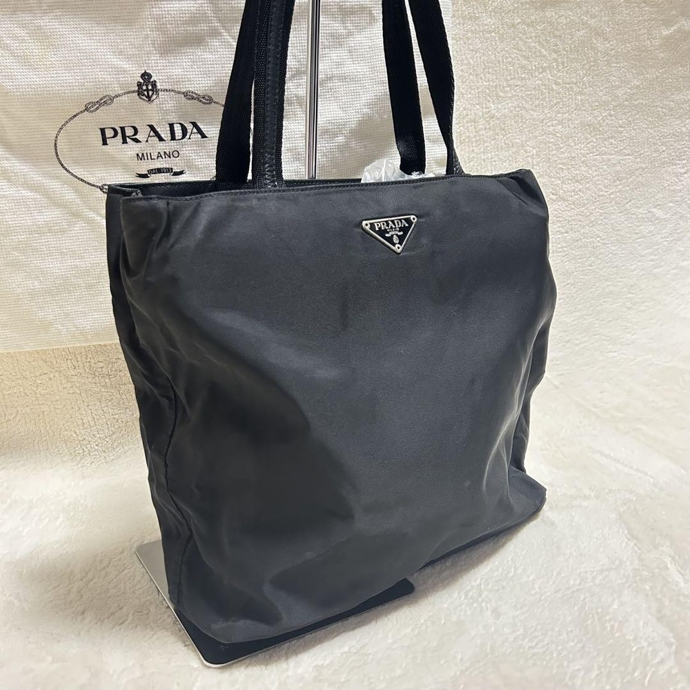 Prada Black Nylon Tote Bag with Triangle Logo Plate Handbag