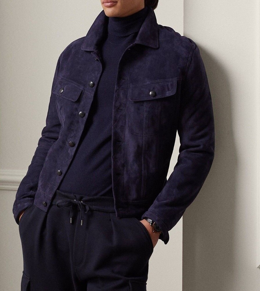 Mens Navy Blue Leather Trucker Jacket Pure Suede Leather Jacket