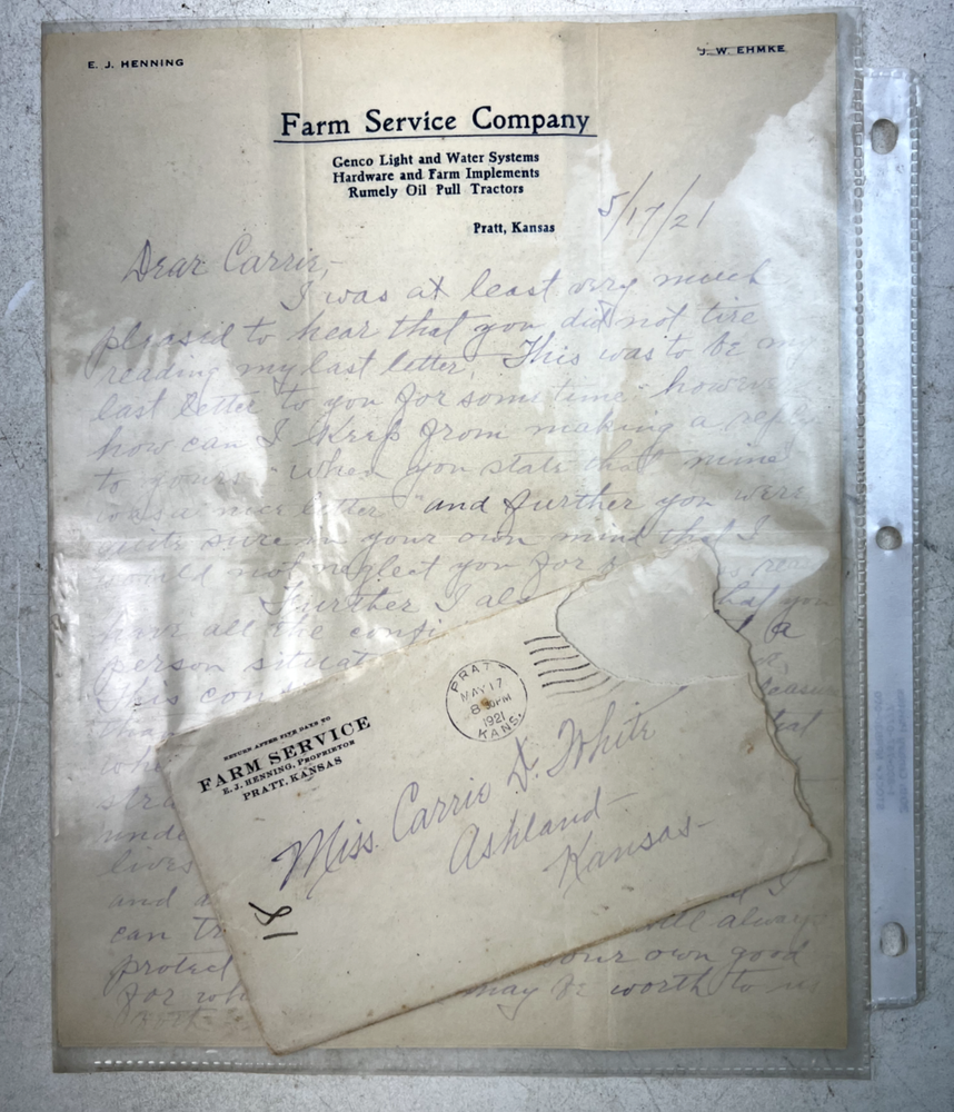 Antique 1921 Letter from Farm Service Company - Pratt, Kansas
