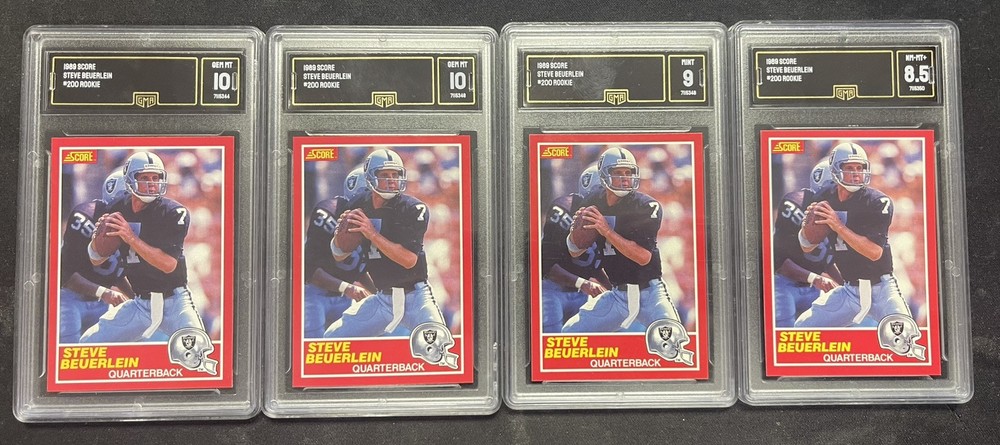 1989 Score #200 Steve Beuerlein Rookie RC 4 Card Lot Graded GMA 10,10,9,8.5 Gem