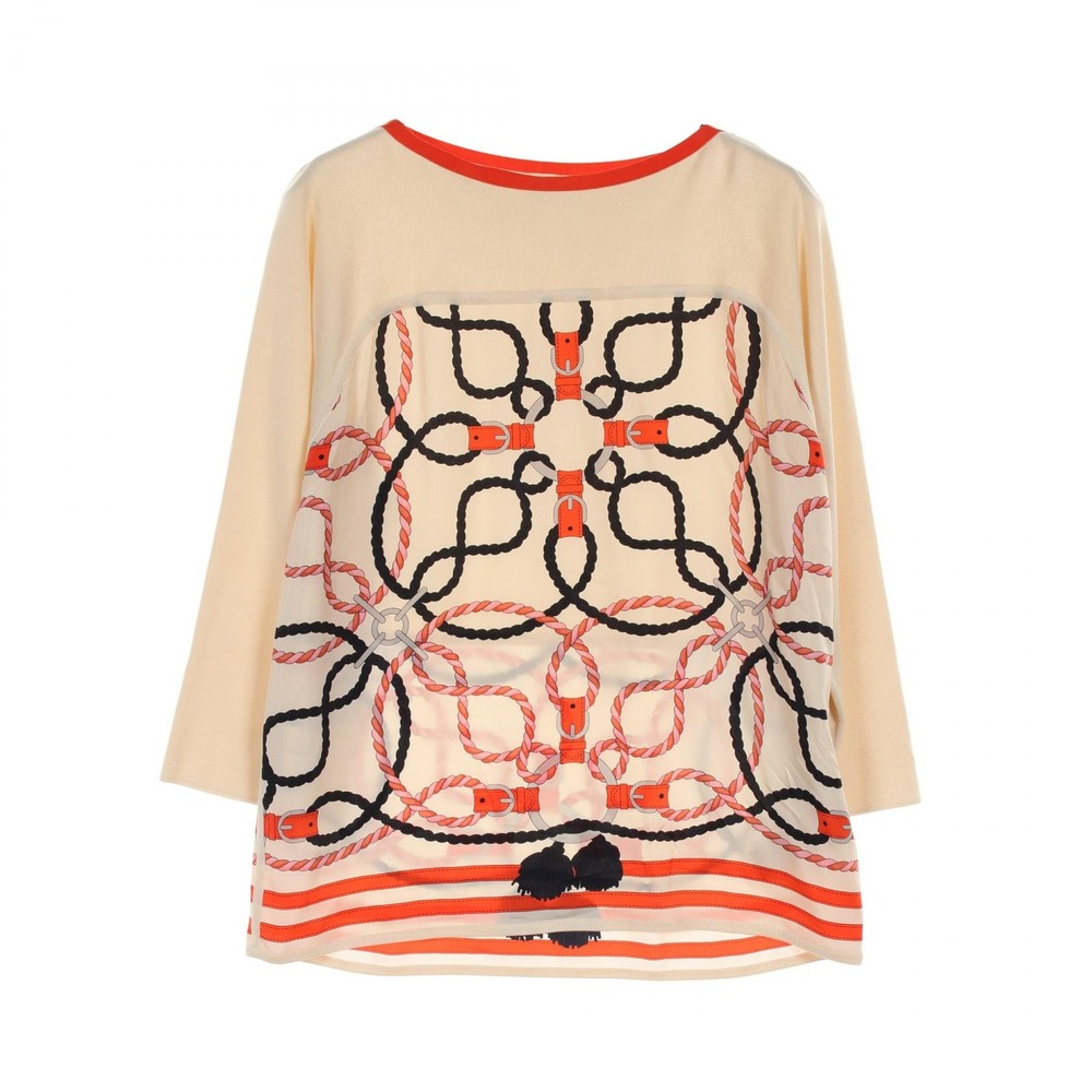 HERMES Twillaine cordeliere knitwear sweater #42 silk cotton Beige Multicolor