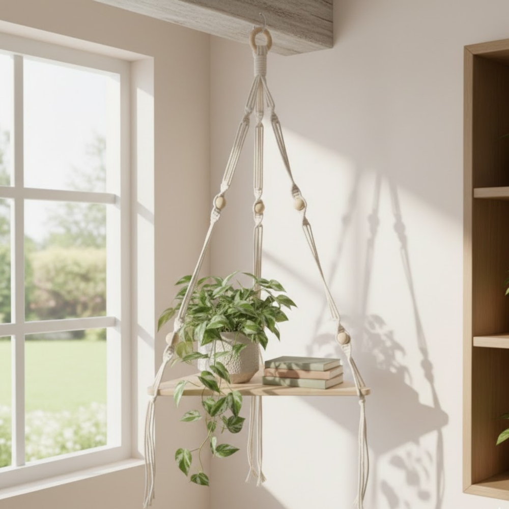 Boho Wood Triangle Corner Floating Shelf - Tiered Wall Hanging Home Decor Accent