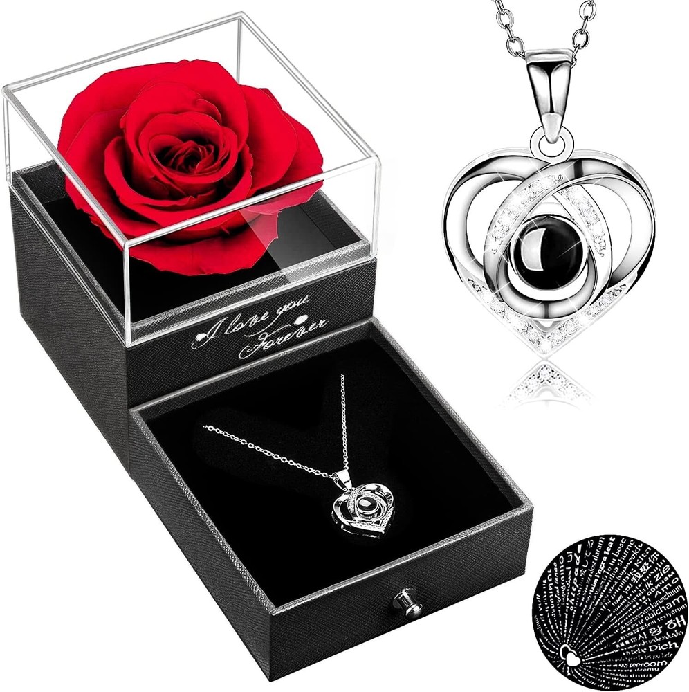Mothers Day Preserved Real Rose W/ I Love You Necklace Eternal Rose Flowers Gift-image