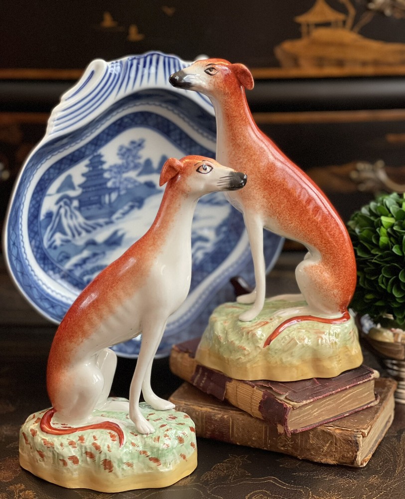 Large Rare Kent English Staffordshire Royal Hunt Whippet Mantle Dog Pair 7.5”
