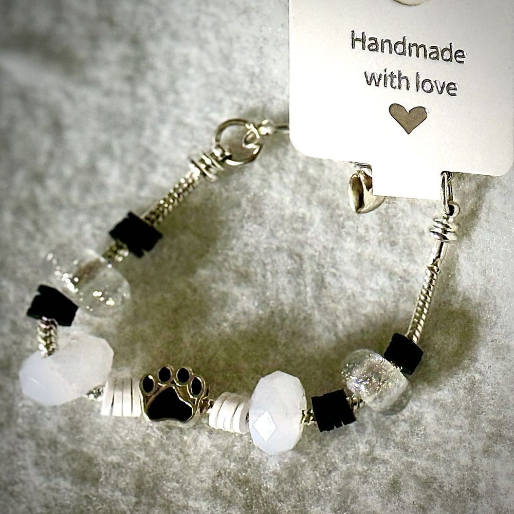 Crystal Lava Stone Dog Paw Charm Bracelet with Essential Oil Diffuser in Silver Tone