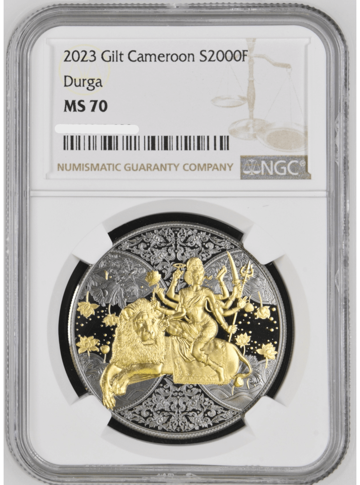 2023 Cameroon Durga 1 oz Silver Ruthenium Dark Gilded Coin NGC MS 70