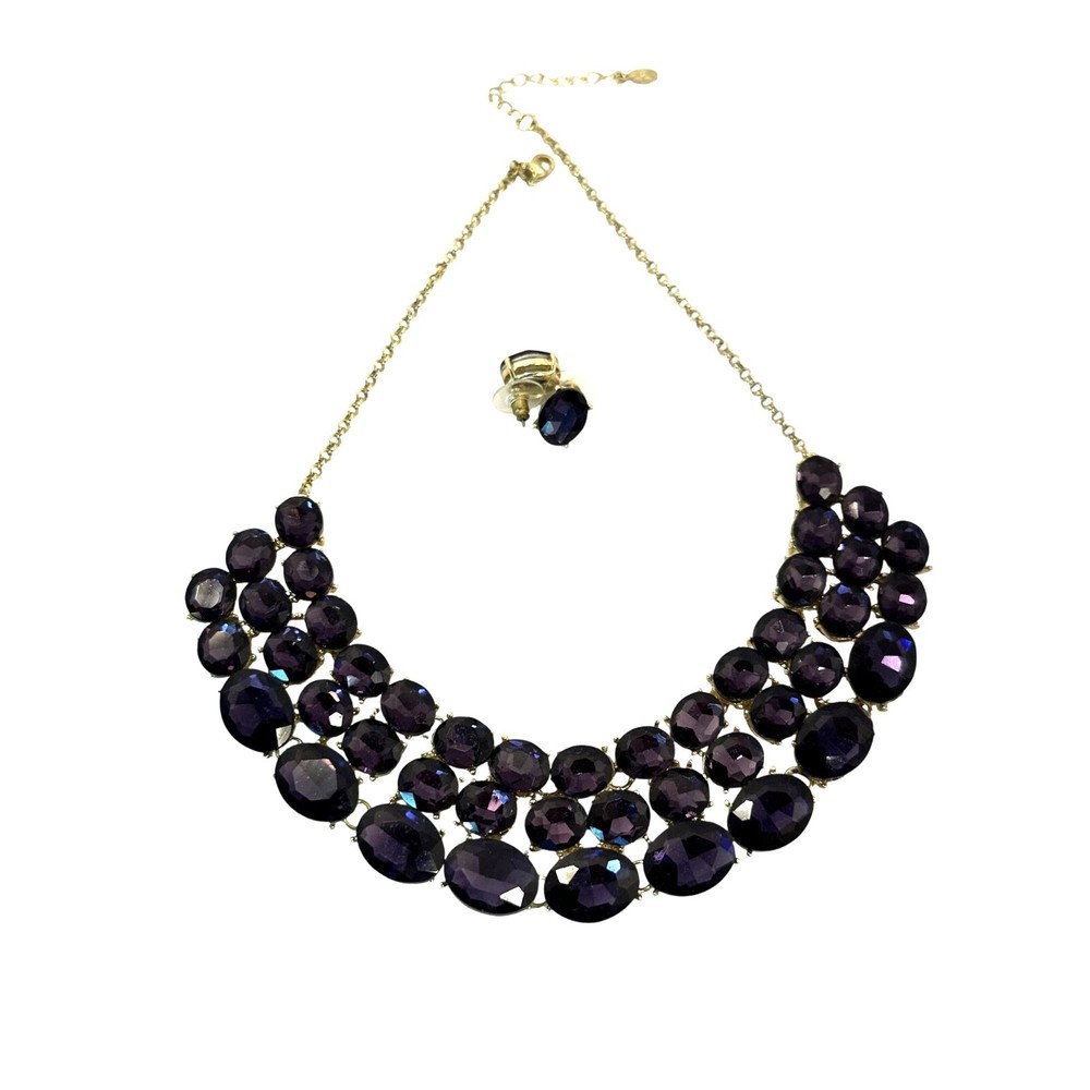 Purple Gemstone Collar Choker Necklace & Stud Earrings Set for Women - Glam Costume Jewelry