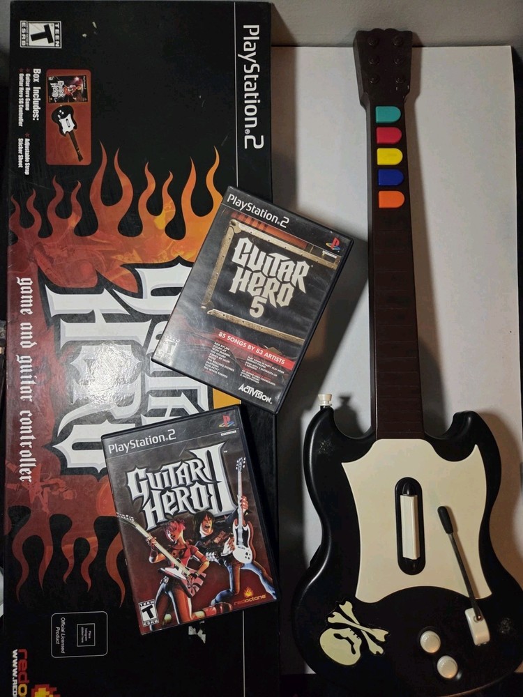 Guitar Hero 1 II Bundle w Box Wired Controller Lot PlayStation 2 PS2 Rock Band