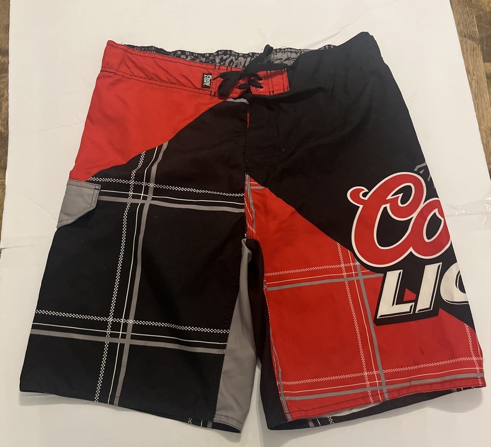 Coors Light Beer Board Shorts Mens 38 Black Red Logo Pockets Swim Trunks Unlined