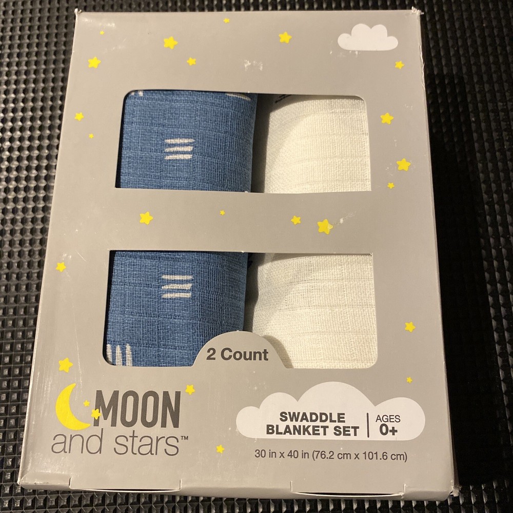 MOON & STARS 2 COUNT SWADDLE BLANKET SET BABY BOY GIFT 0 + WHITE BLUE THROW GIFT