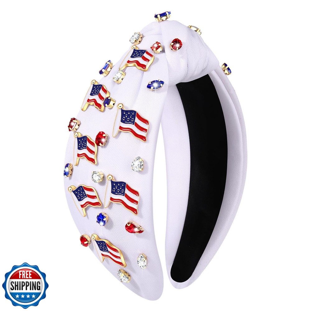 Sparkling Patriotic 4th of July Headband with American Flag and Jeweled Crystal Accents