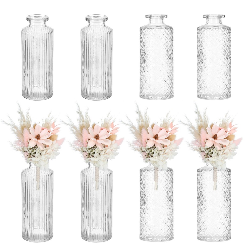 Clear Glass Bud Vase Set of 8 Flower Vases, Ribbed/Relief