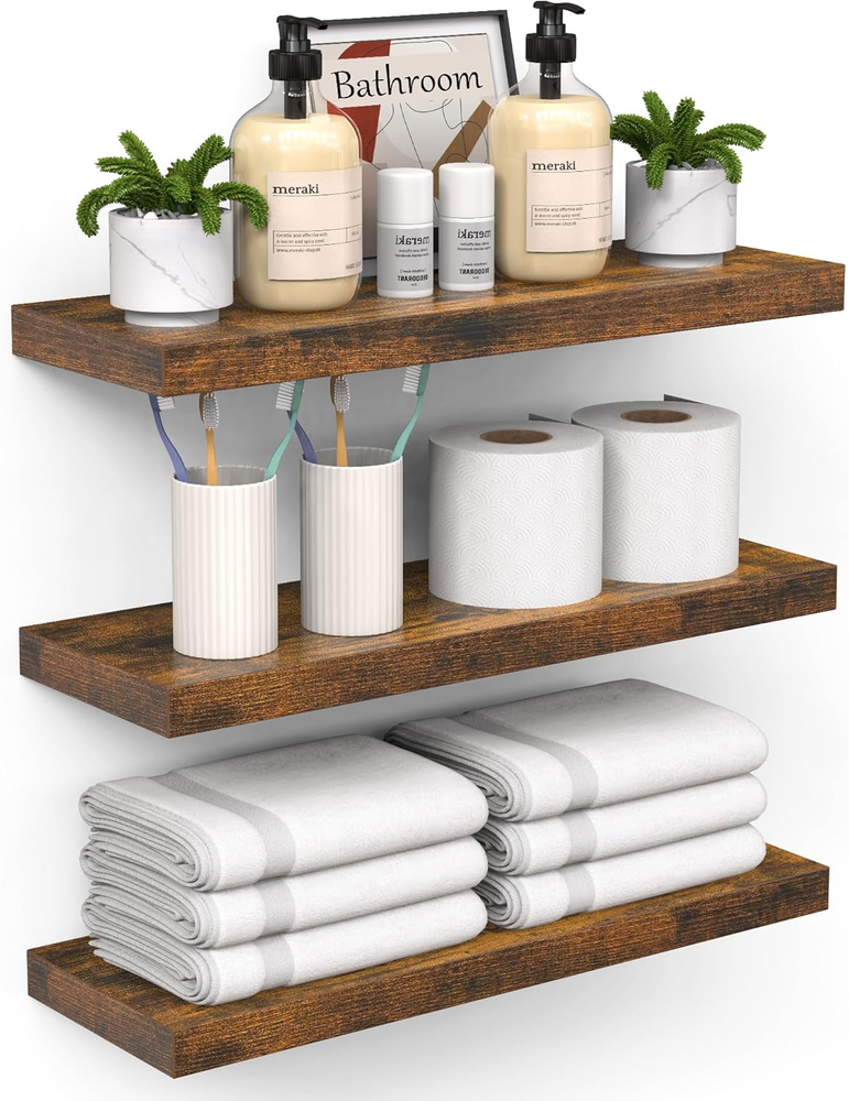 Rustic Wood Floating Shelves with Metal Brackets for Bathroom Wall Storage