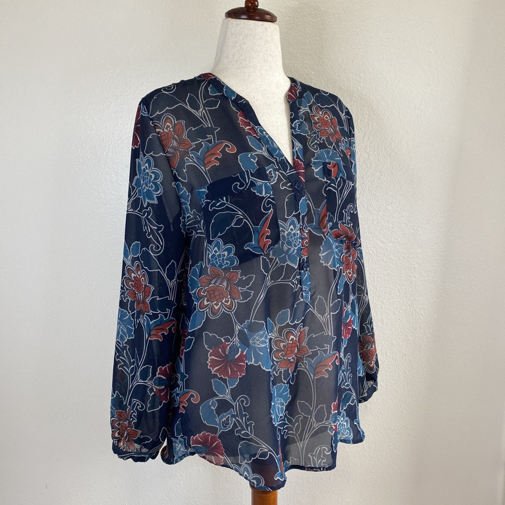 Gap Sheer Floral Navy Blue Pop Over Blouse. Large