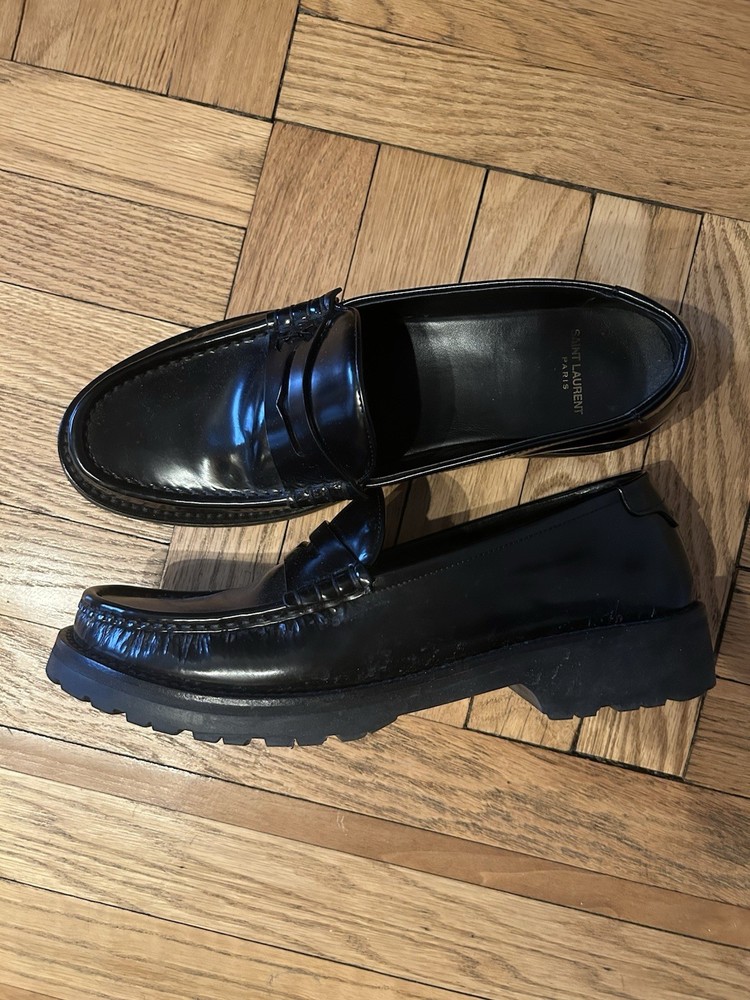 YSL Saint Laurent Black Leather Penny Strap Loafers Men's Dress Shoes