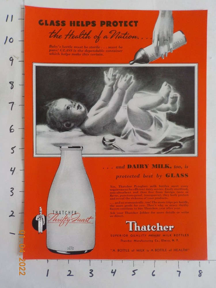 1941 Thatcher Manufacturing CO Elmira NY glass quart milk bottle AD Baby feeding