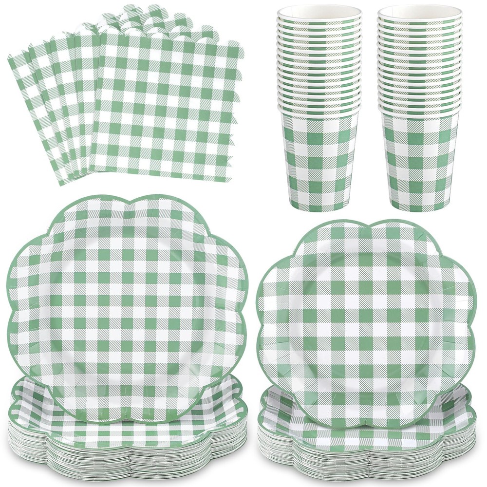 NatNarr 250 Pcs Sage Green Gingham Plates and Napkins, Scalloped Green and Wh...