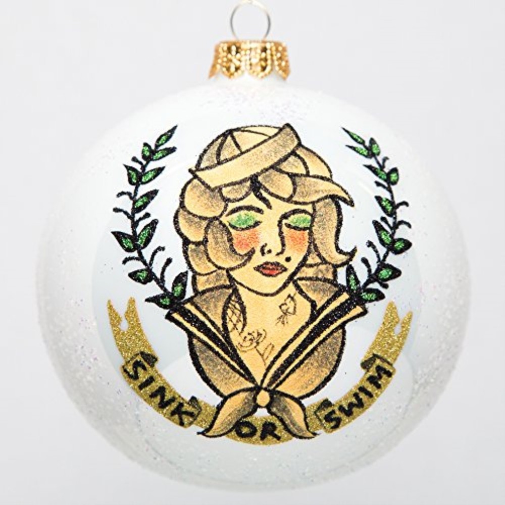 Sailor Girl Sink or Swim Pin Up Tattoo Glass Christmas Ornament by Thomas Glenn