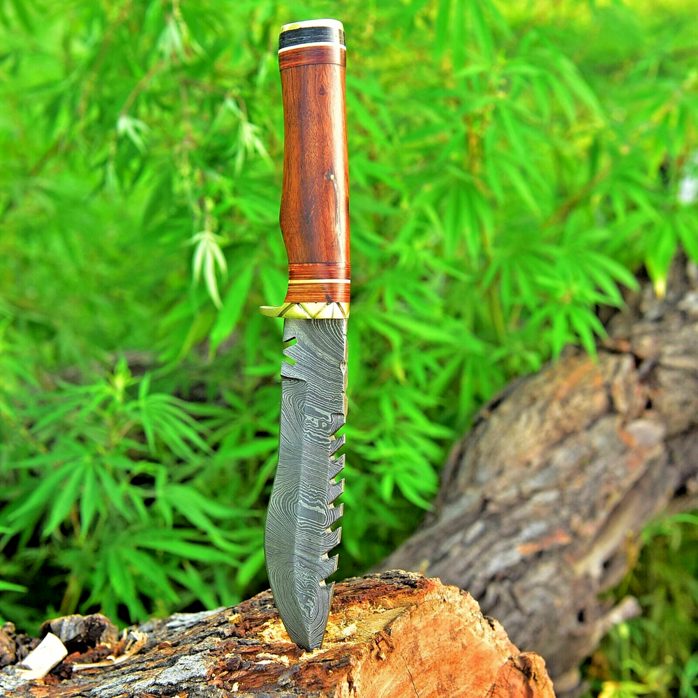 10-Inch Damascus Steel Survival Knife with Wood Handle  