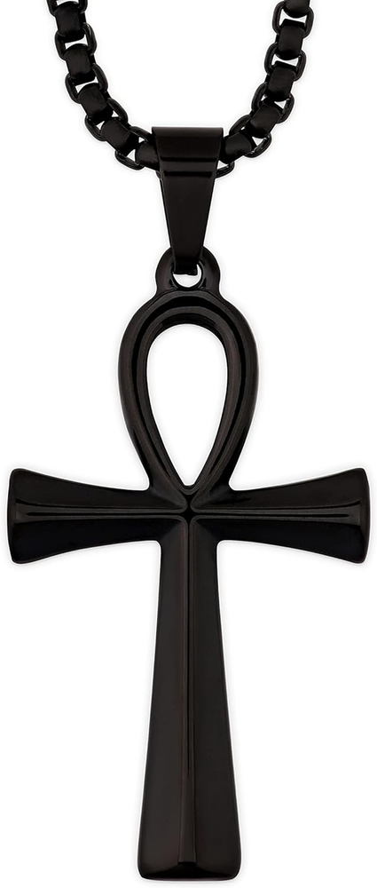 Ankh Necklace, Black Plated Stainless Steel Egyptian Symbol of Life Ankh Cross P