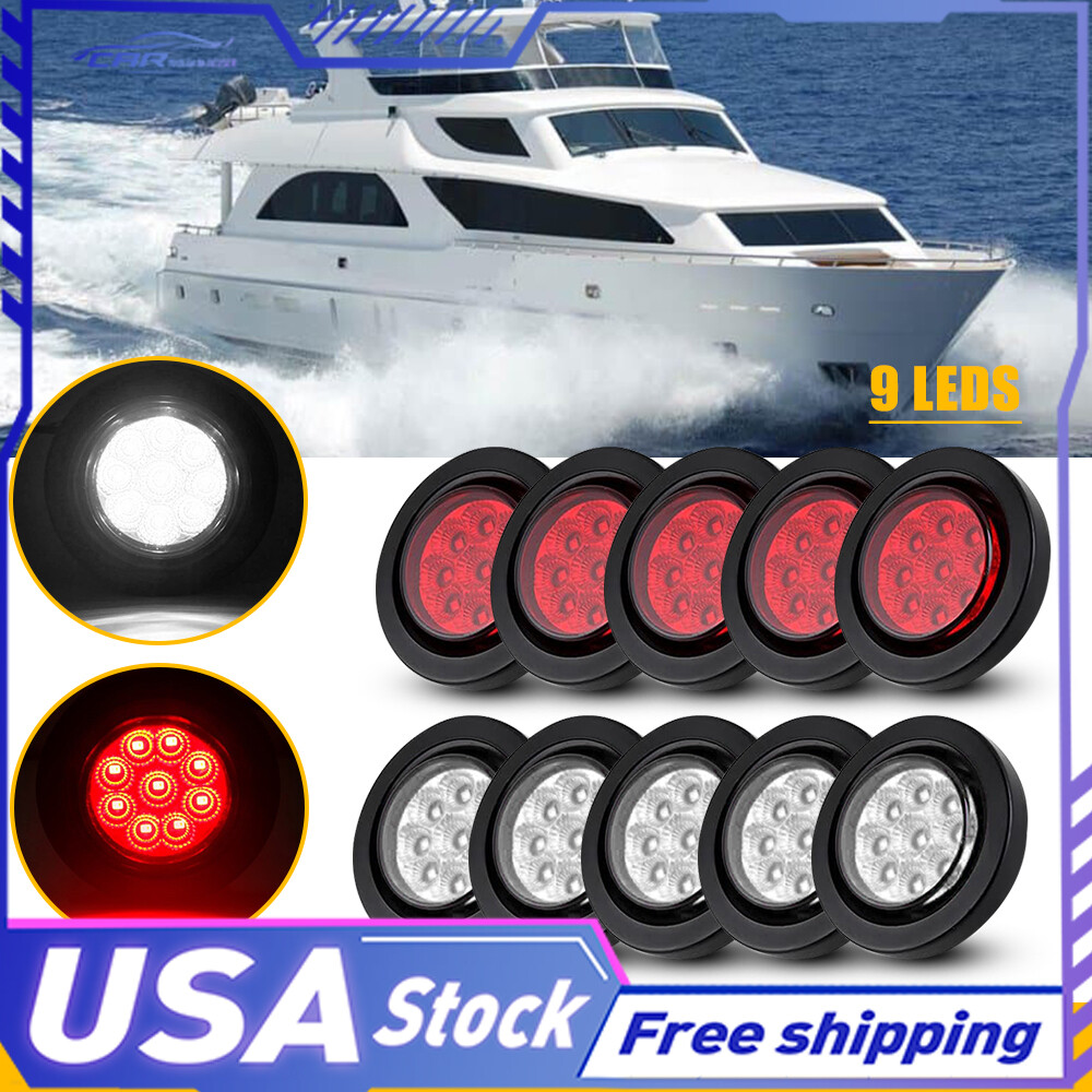 2-Inch DOT Clear/Red Round 9 LED Trailer Marker Light with Grommet for Trucks and RVs