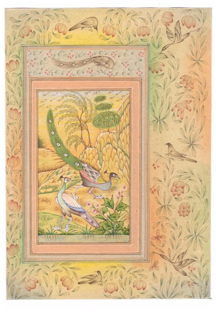 Indian Miniature Painting Peacock Bird Fine Art On Paper 6.75x9.5 Inches
