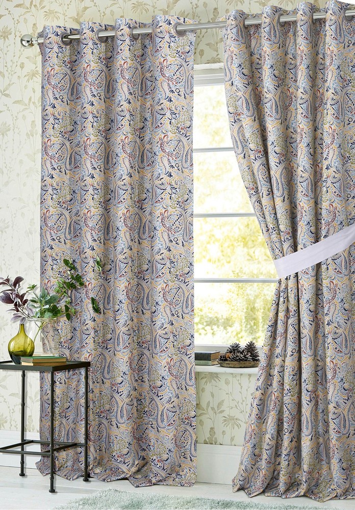 Fiji Lined Cotton Grommet Curtain Panel Pair with Tiebacks 96 Inch Multicolor