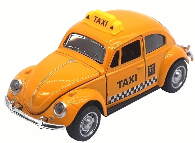 2024 QHT Vintage Yellow VW BEETLE TAXI Pull Back Powered Motor 1:36 Diecast Car