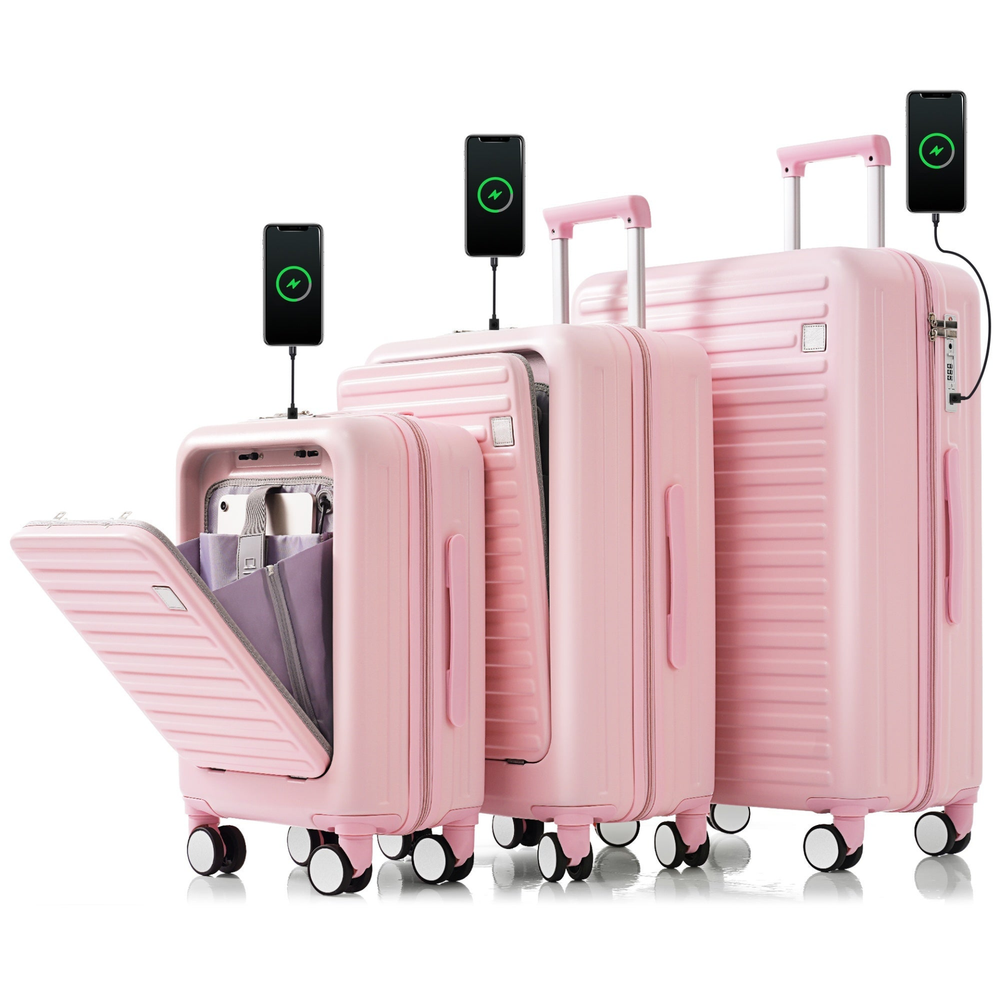 Luggage Set of 3, 20, 24, 28inch with USB Port, 20, pink