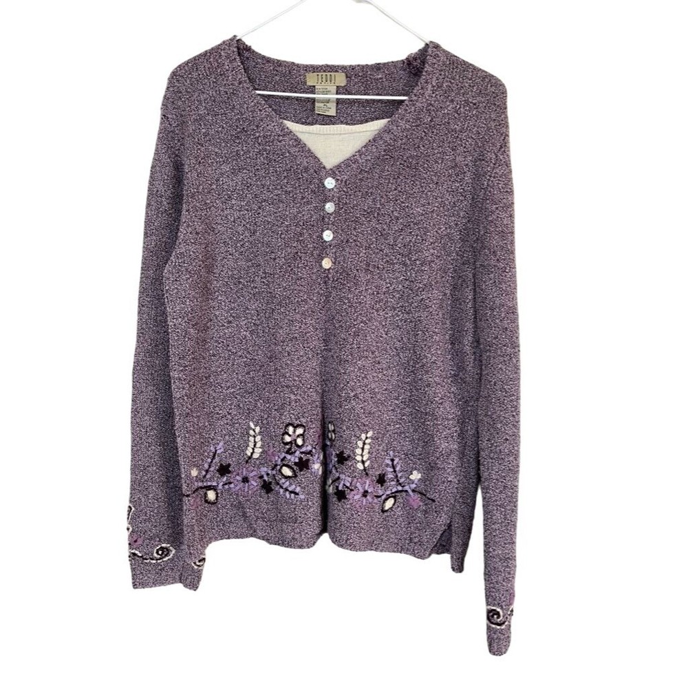 Vtg Teddi Sweater Women LP Purple V Neck Floral Embroidery Boho Grandma Knit