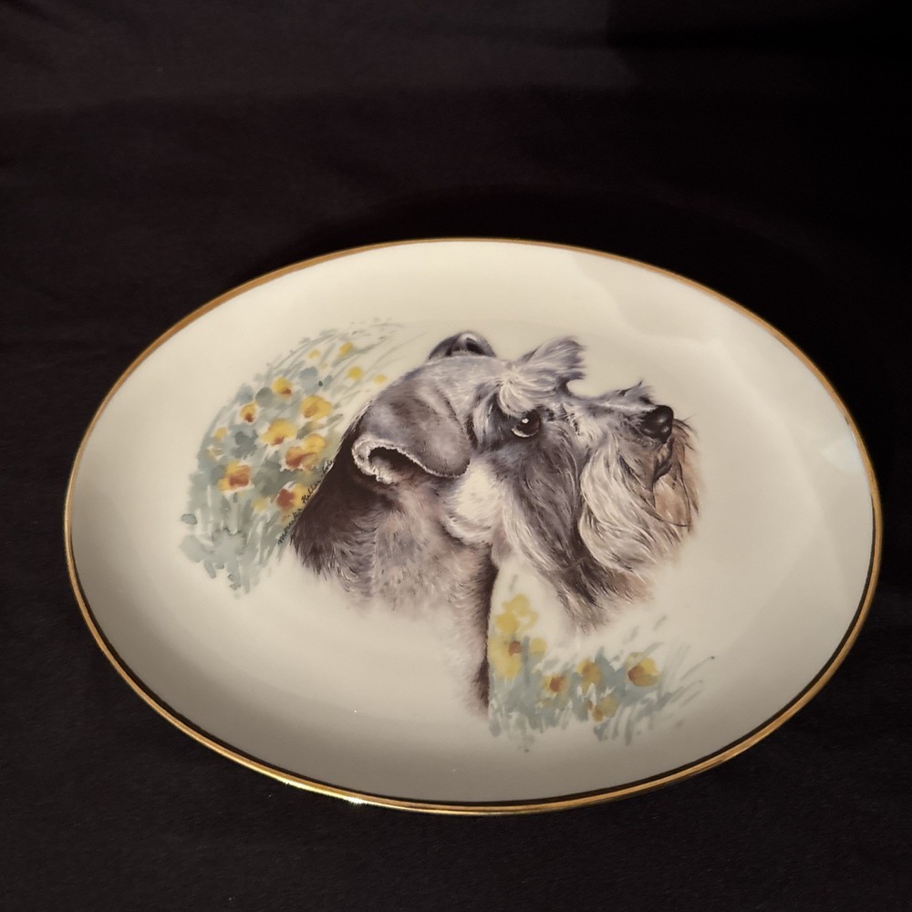 Schnauzer Dog Portrait on Oval China plate Signed Monika Keller Cole VTG NICE