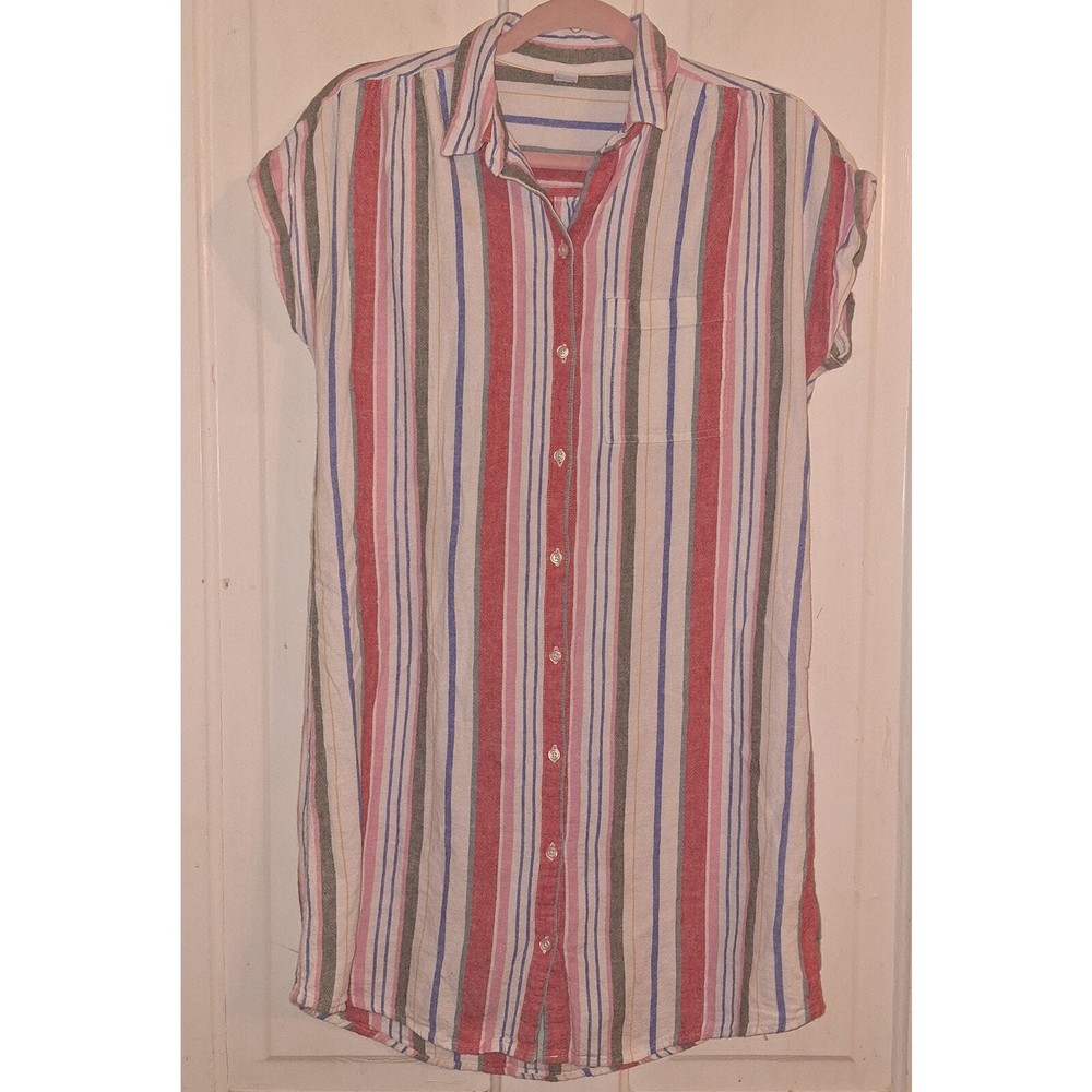 Old Navy Womens Linen Blend Dress Size M Striped Button-Up Cap Sleeve Hi-Low Hem